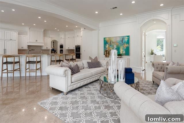 Comfortable family room with plush seating and a large TV, adjacent to the open kitchen area