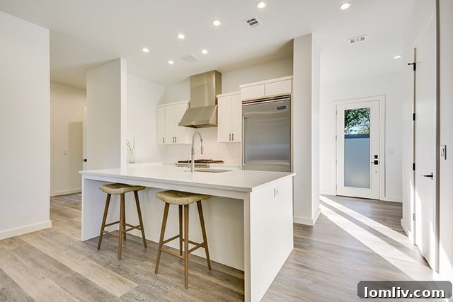 Bright open-concept kitchen with breakfast bar in Austin modern farmhouse.