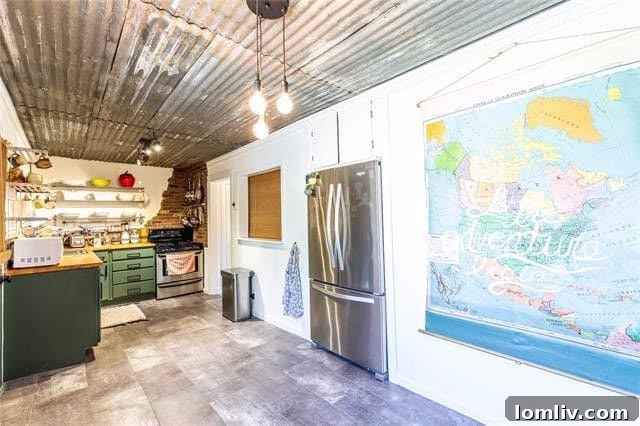 Modern Eclectic Kitchen with Tin Roof and Evergreen Cabinets