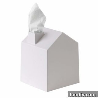 Umbra Casa Tissue Box Cover in white, shaped like a house with tissue smoke