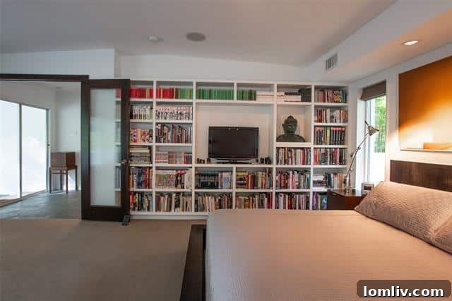 Elegant Library Den with Wall of Windows and Skylights