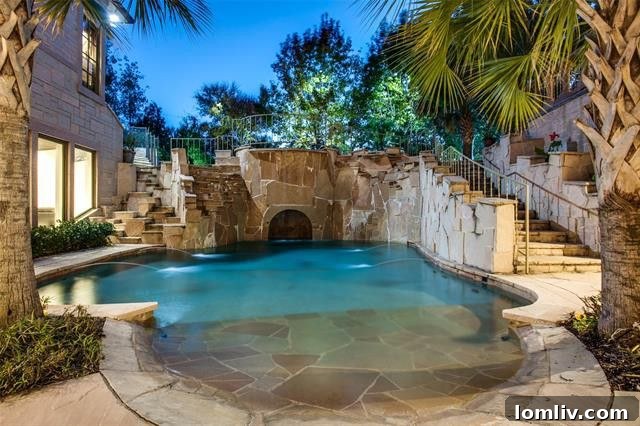 Stunning backyard oasis of Coram Deo with multiple pools, grottos, and rock waterfalls