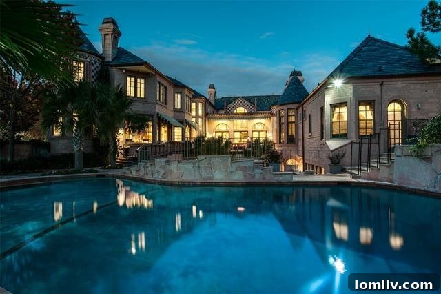 Upper patio pool area with a grand rock structure and slide, a family paradise for outdoor fun