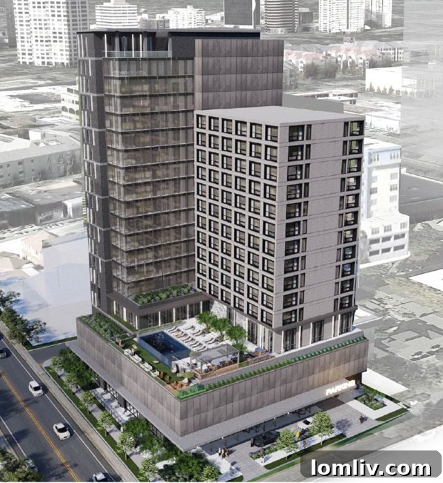 Architectural rendering showing the bland facade of the proposed Hilton hotel in Dallas