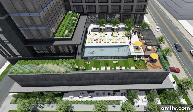 Detailed architectural plan of the dual-branded Hilton hotel showing its 15 and 19 story elements