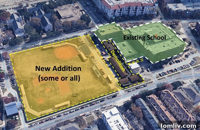Overview of North Dallas High School showing existing baseball fields and proposed addition area