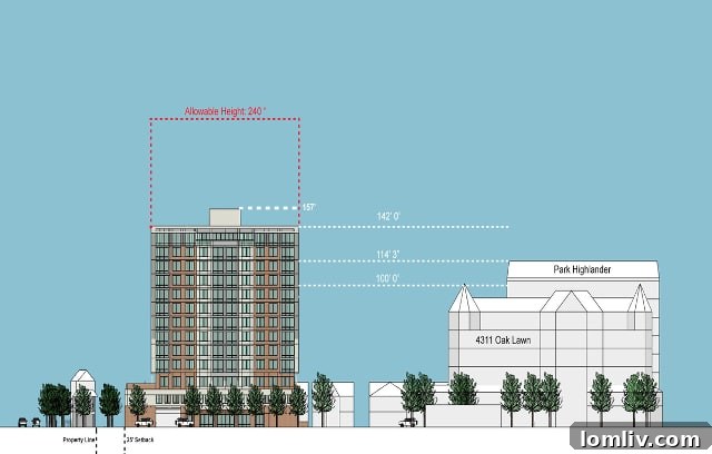 Close-up rendering of the new vehicular entrance for the McKinney and Boll redevelopment project