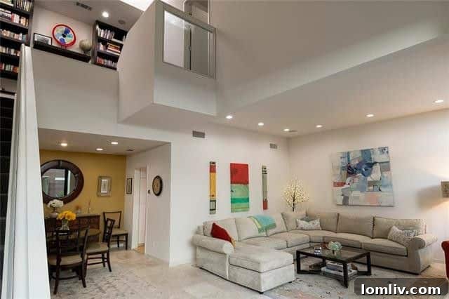 Living area of 3217 Armstrong Ave, Unit 8, featuring barrel vault skylights and travertine floors