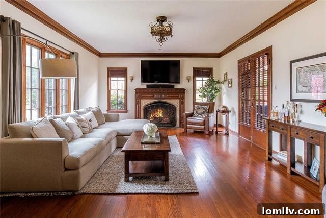 Living Room with Ornate Fireplace in Tudor House