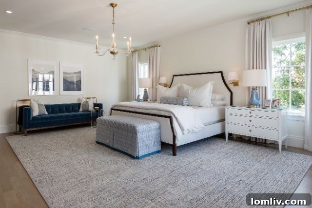Luxurious master bedroom featuring high ceilings, elegant wall coverings, and ample natural light, designed as a serene sanctuary in the Bluffview Estates home.