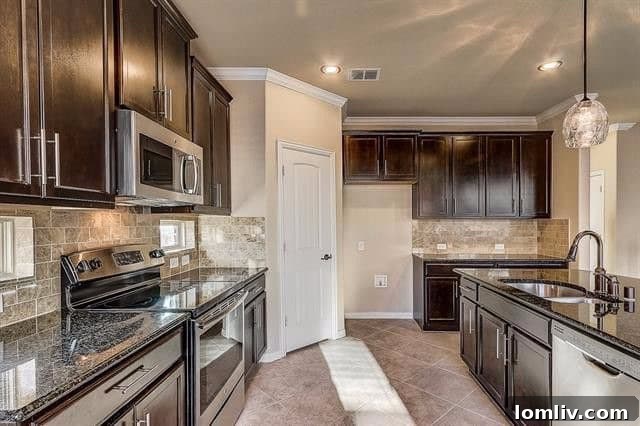 Open Concept Kitchen with Dark Wood and Granite