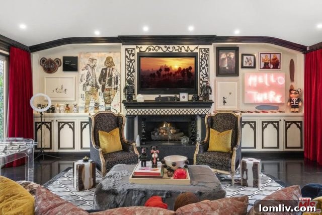 Eclectic living room with unique coffee table and artwork