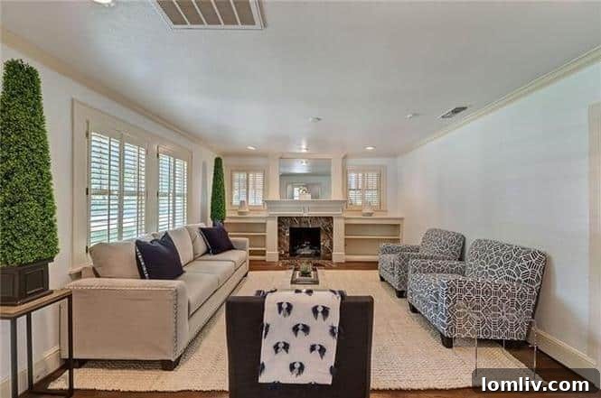 Inviting formal living room at 1200 Clover Lane with a cozy fireplace and built-in bookshelves.
