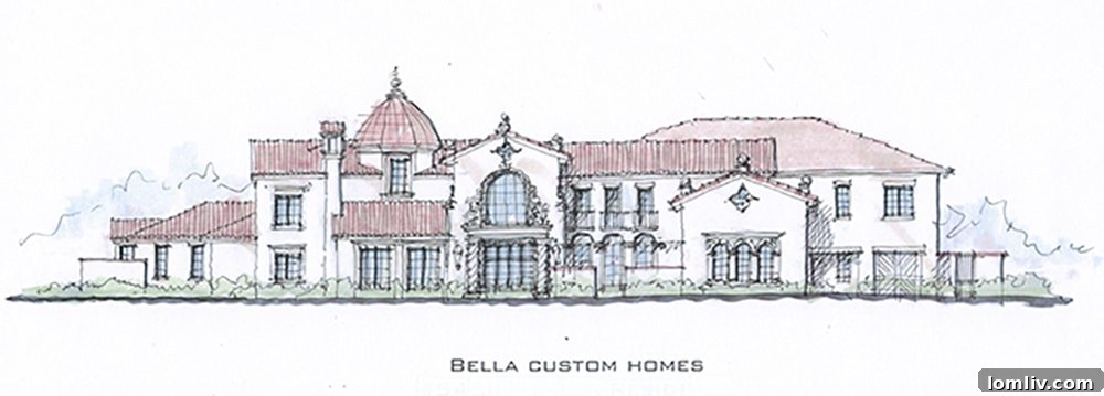 Detailed architectural rendering showcasing a grand entrance and lush landscaping for a custom home
