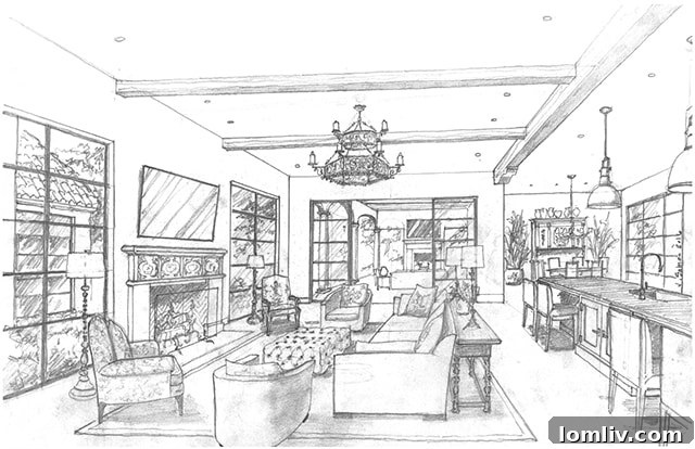 Interior architectural rendering of a spacious and elegantly designed living area