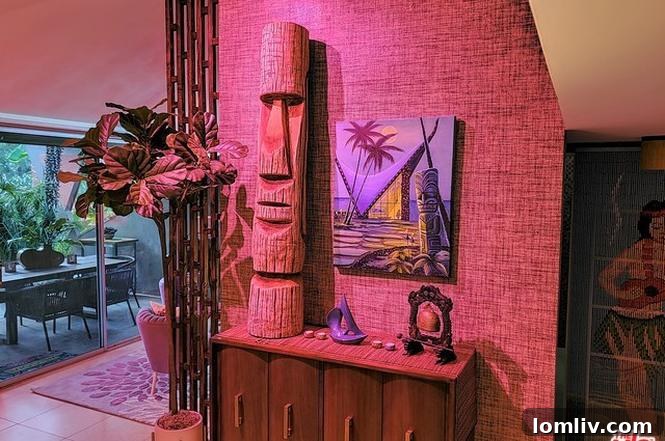 Tiki-themed living room interior with vintage decor