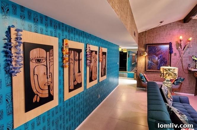 Vintage Tiki decor and grasscloth walls in a retro living space