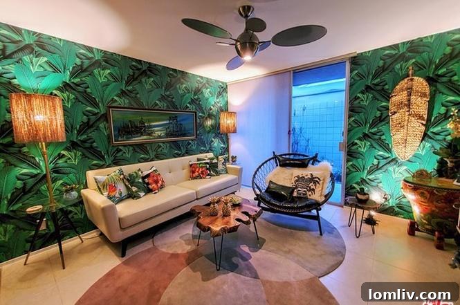 Bedroom with vintage Tiki decor and a view