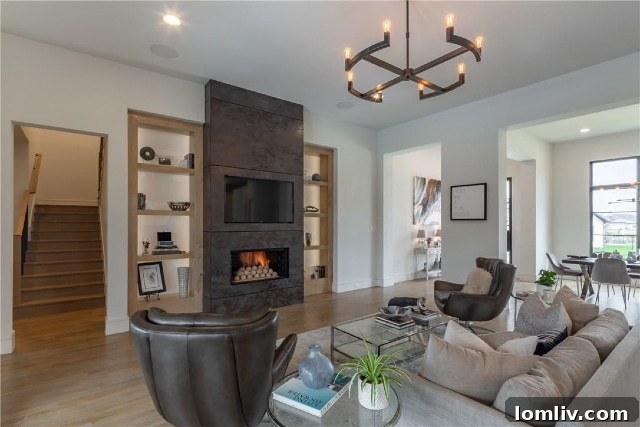 Living room with Nero oxide porcelain fireplace and white oak floors