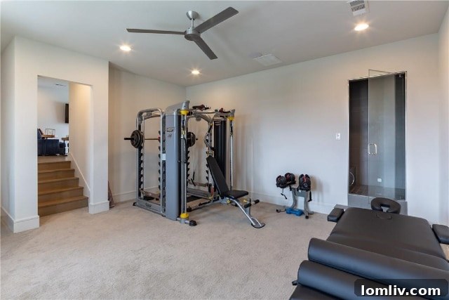 Private workout room with walk-in steam shower