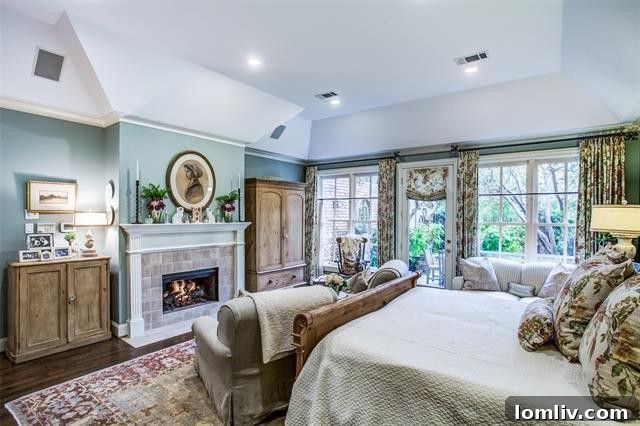 Comfortable and inviting bedroom with views of the courtyard in the Caruth Hills property.