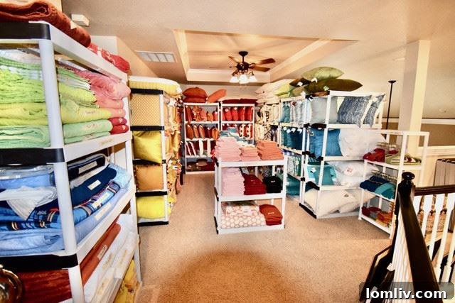 A beautifully organized wall of color-coded linens, towels, and pillows, showcasing a professional stager's meticulous inventory.