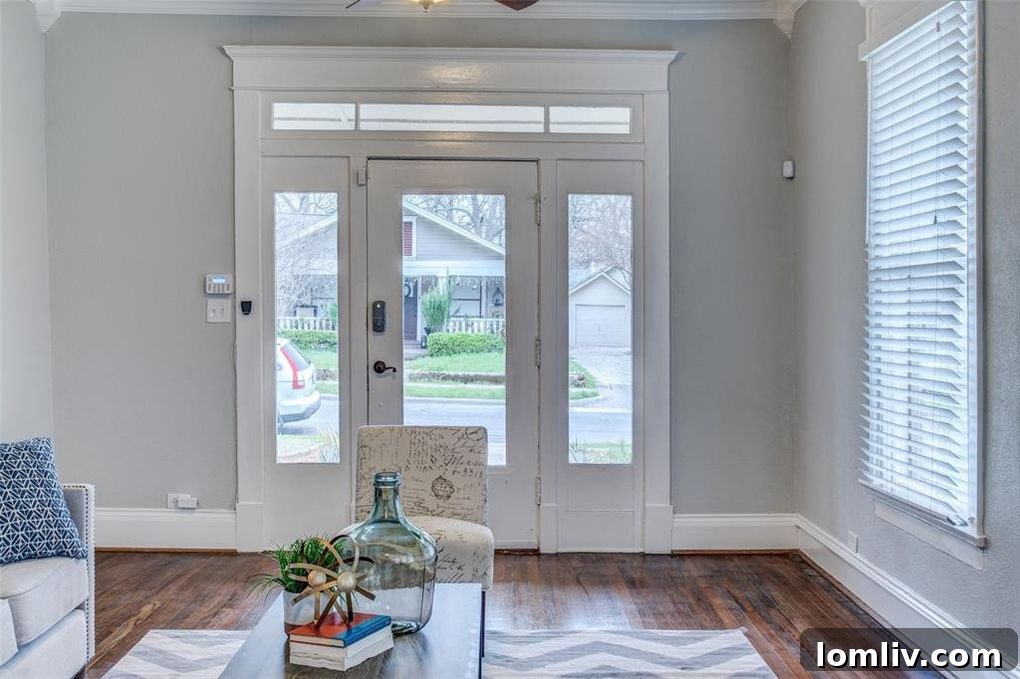 Close-up of the inviting blue trim and detailed architectural elements of the Worth St home.