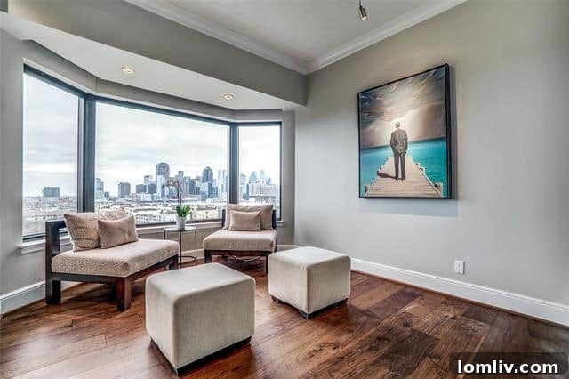 Dining area with large windows showcasing Dallas skyline views