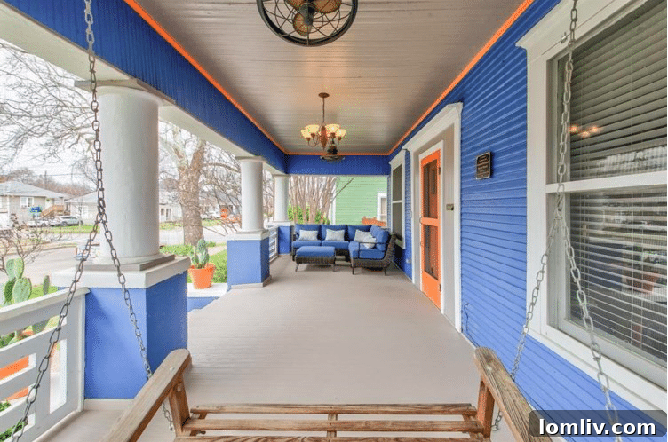 Spacious front porch of a Fort Worth Craftsman home