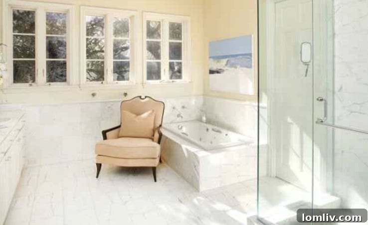 Luxurious bathroom with high-end finishes and fixtures in the renovated mansion
