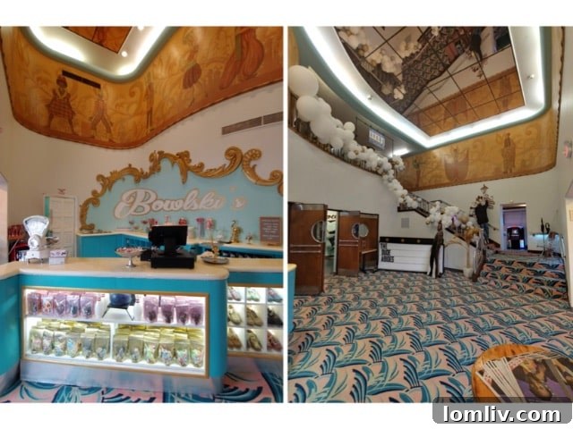 The iconic Projector Bar within Bowlski's Lakewood Theater, featuring original Perry Nichols murals