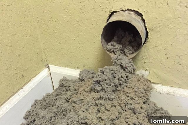 An interior view of a dryer vent duct leading into a wall, emphasizing the hidden sections that collect lint.