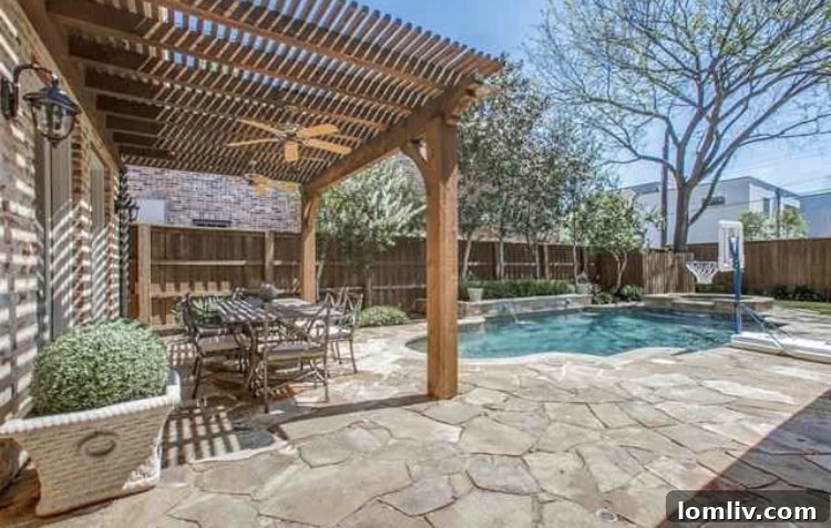 Beautifully Landscaped Backyard with Patio, Pool, and Green Lawn