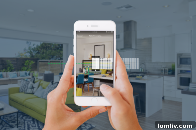 Modern living room with a virtual tour interface overlay, showcasing advanced real estate technology