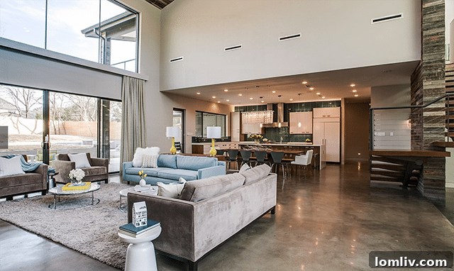 Modern interior showcasing diamond-polished concrete floors and sustainable design elements by New Leaf Custom Homes