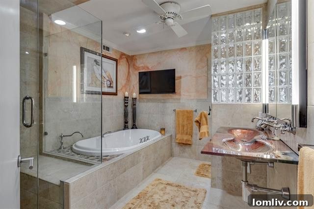 Renovated Master Bathroom with Floating Double Sink and Spa Tub