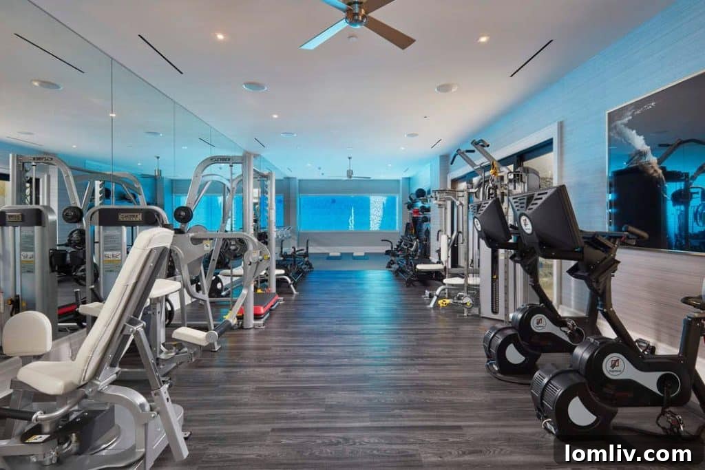 Transformative Luxury Home Gyms for Optimal Wellness 2 Luxurious home gym in a Palm Beach mansion, featuring high-end fitness equipment and ample space for private workouts.