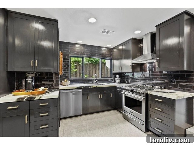 Modern black kitchen featuring black subway tiles, designed to create a sense of expanded space