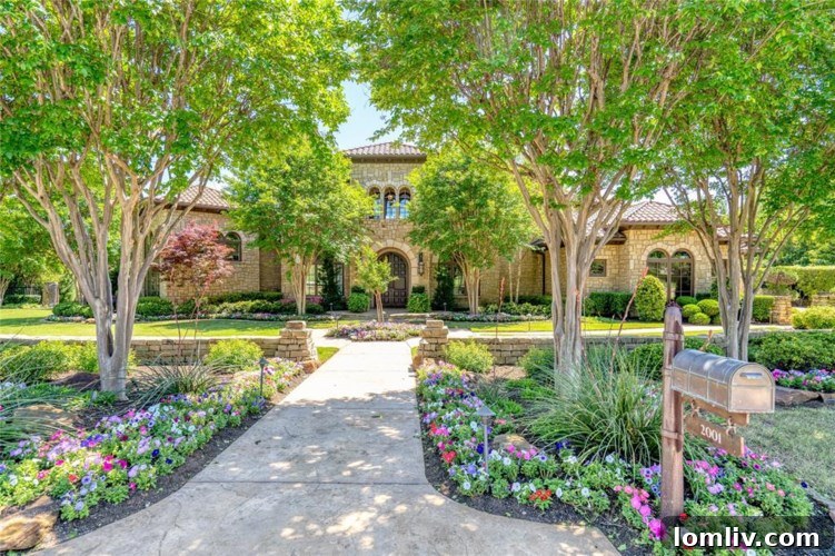 Elegant stone-clad exterior of Jason Witten's Mediterranean mansion, showing the dense landscaping and architectural details.