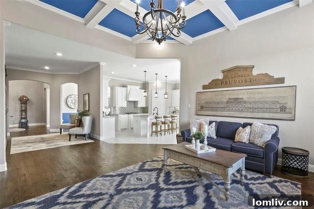 Inviting family room with contrasting blue coffered ceiling and natural light in a Prosper, TX home