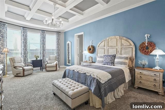Cozy master bedroom with a serene blue accent wall and an intricate coffered ceiling design in Prosper