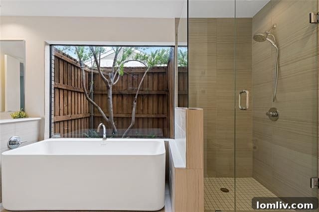 Discover Your Green Oasis in Plano 7 Luxurious master bathroom with a modern tub, glass shower, and floor-to-ceiling tiles in a Plano residence.
