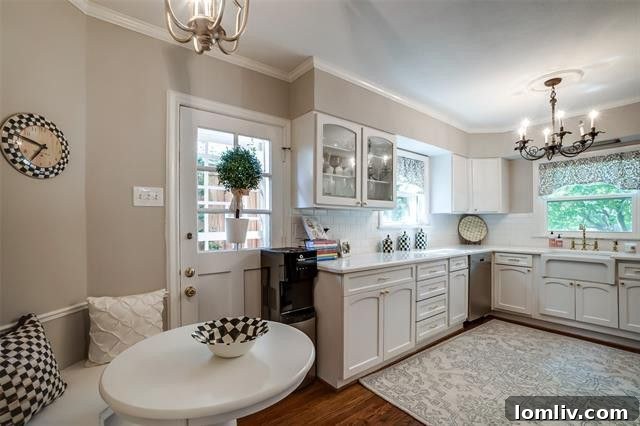 M Streets kitchen design, quartz countertops Dallas, farm sink, banquette breakfast nook, Dallas home interiors