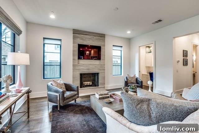 Luxurious living room with marble fireplace and wide plank hardwoods