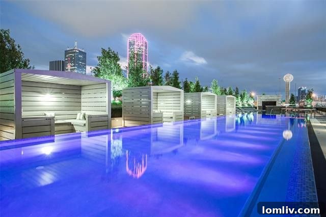 The stunning 5th-floor saltwater infinity pool and lounge area at The House at Victory Park.