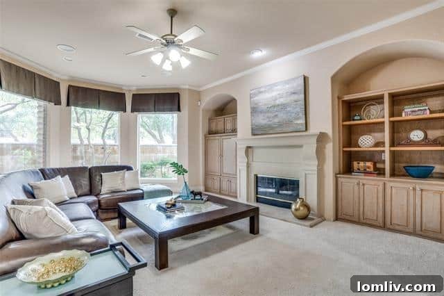 Spacious living room with fireplace and large windows at 7307 Hill Forest Drive.