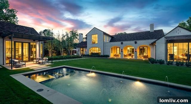 Luxurious outdoor living area with a crystal blue pool, covered loggia, outdoor bar, and cabana
