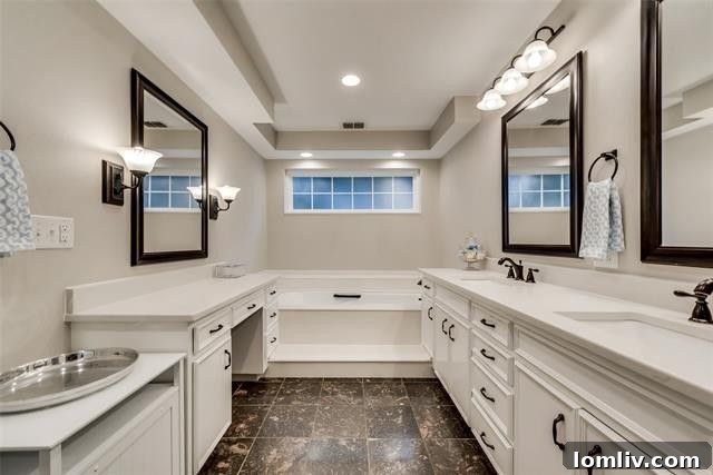 Updated master bathroom with dual sinks, separate makeup vanity, and soaker tub