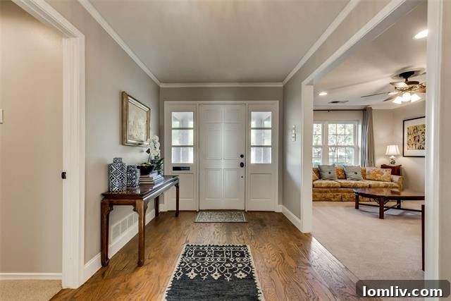Elegant formal dining area with fireplace, connecting to living space in a renovated Dallas home