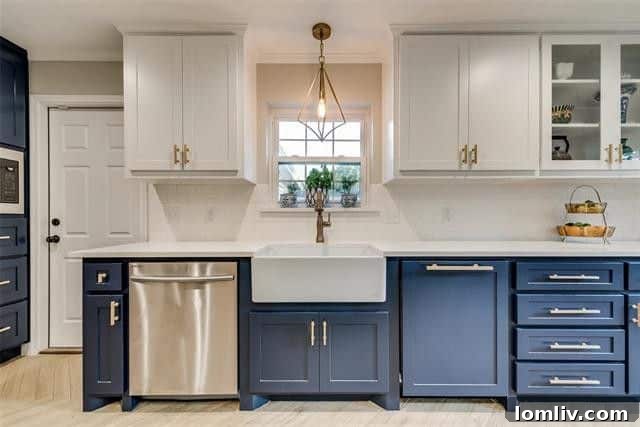 Close-up of modern stainless steel appliances and farm sink in the renovated kitchen